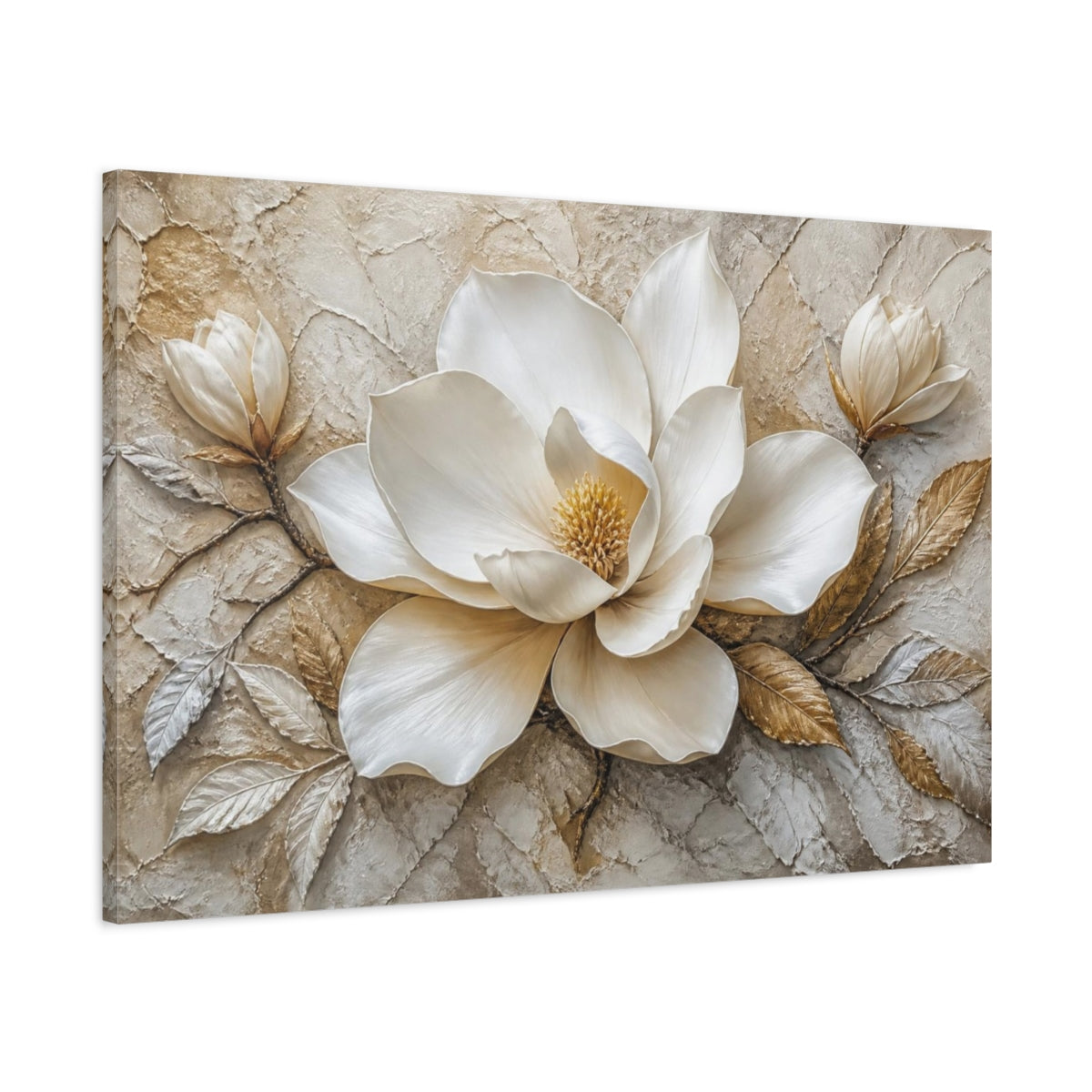 Main Mockup. White Magnolia Floral Elegance shown as canvas print