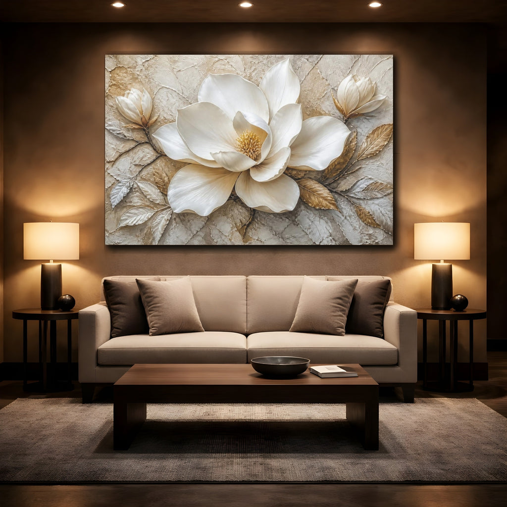 Mockup 2. White Magnolia Floral Elegance shown as canvas print