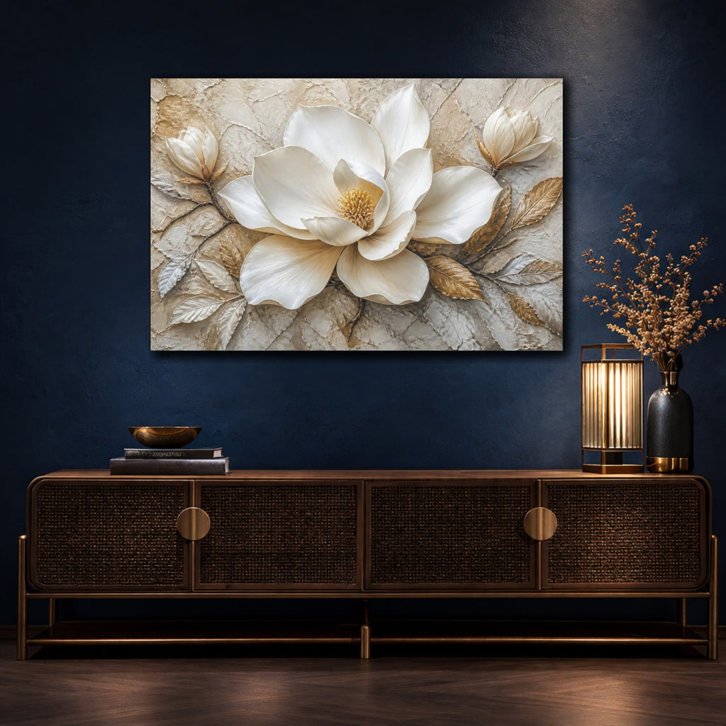 Mockup 4. White Magnolia Floral Elegance shown as canvas print