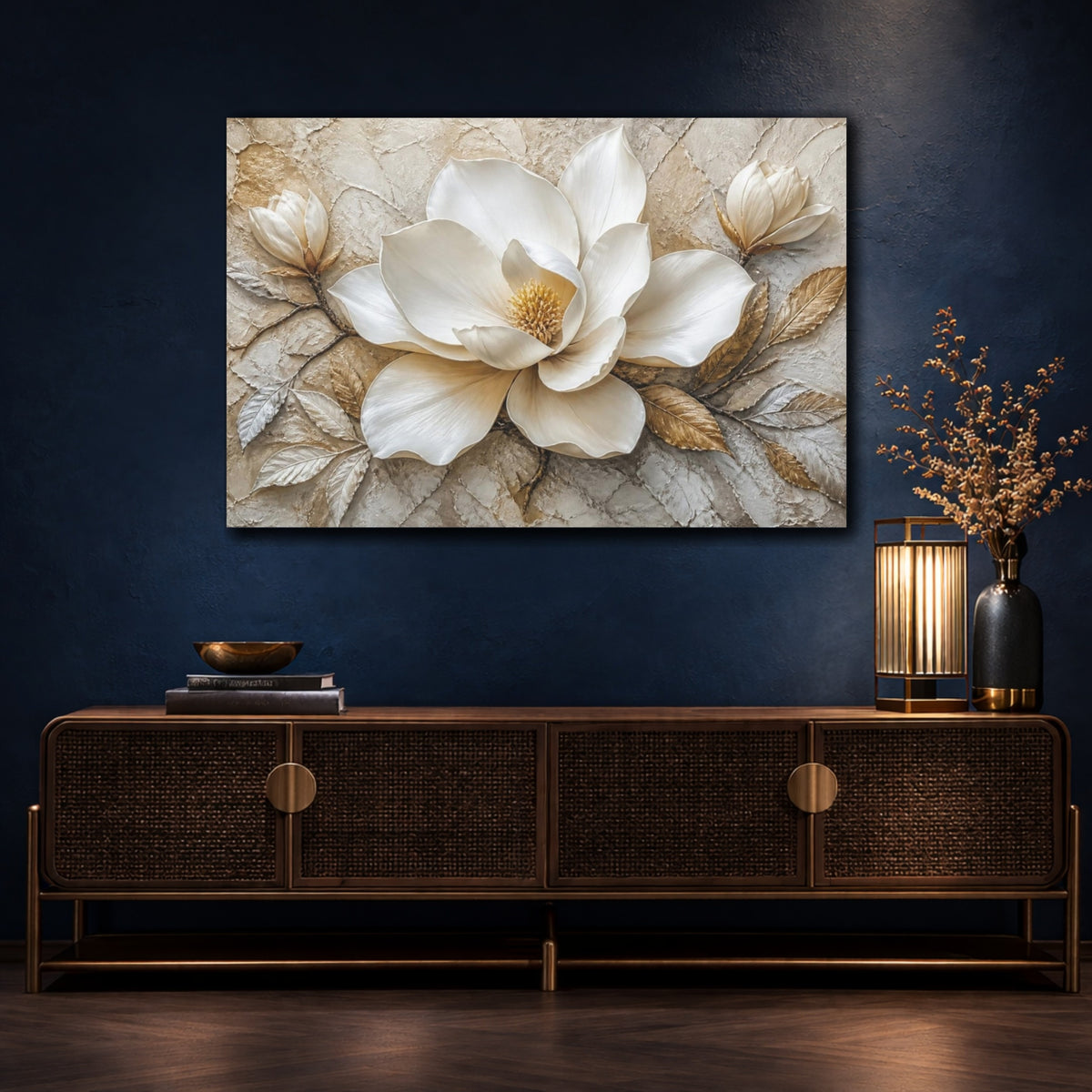 Mockup 4. White Magnolia Floral Elegance shown as canvas print