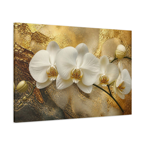 Main Mockup. White Orchid Flower On Gold shown as canvas print