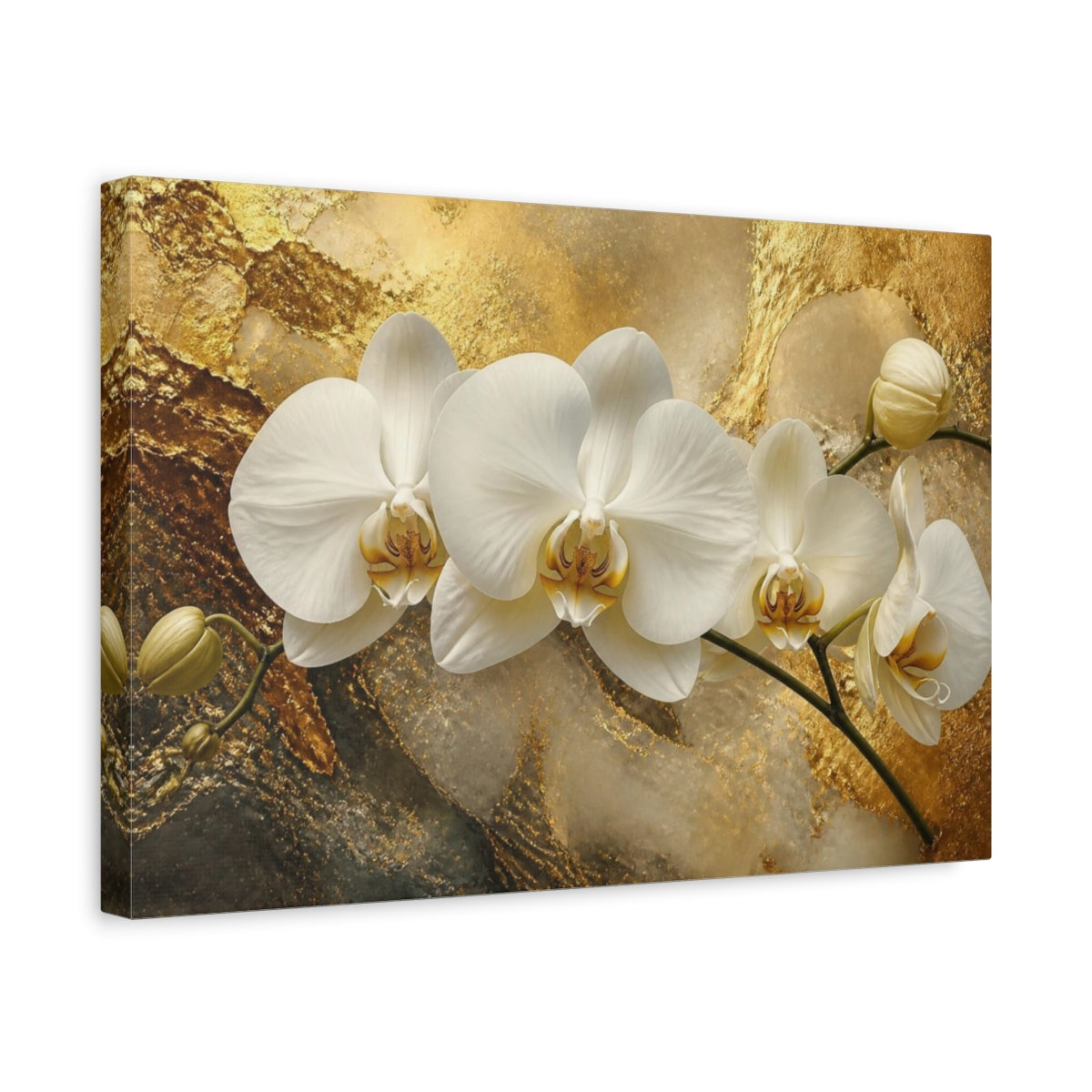 Side Mockup 4. White Orchid Flower On Gold shown as canvas print