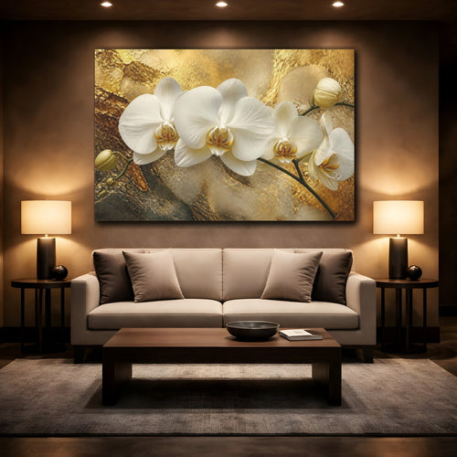Mockup 2. White Orchid Flower On Gold shown as canvas print