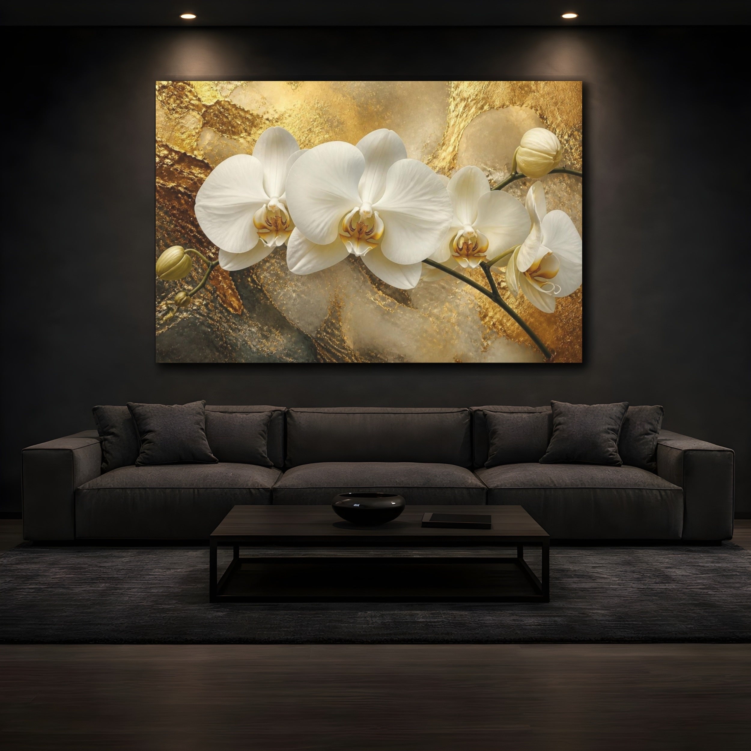 Mockup 3. White Orchid Flower On Gold shown as canvas print