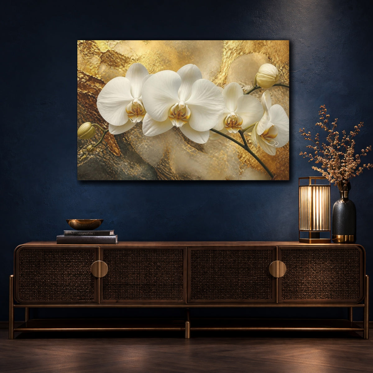 Mockup 4. White Orchid Flower On Gold shown as canvas print