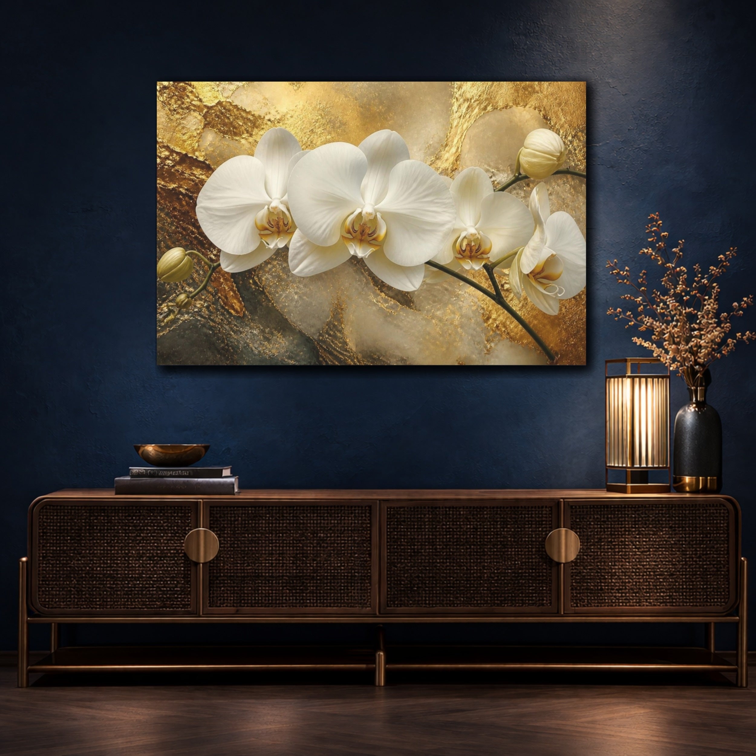 Mockup 4. White Orchid Flower On Gold shown as canvas print