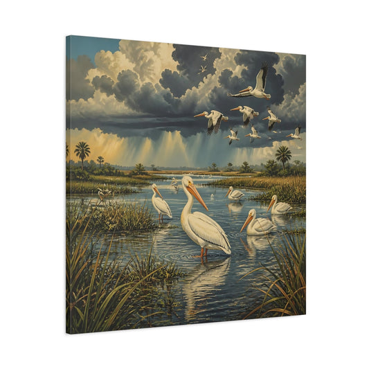 Main Mockup. White Pelican Marsh Landscape shown as canvas print