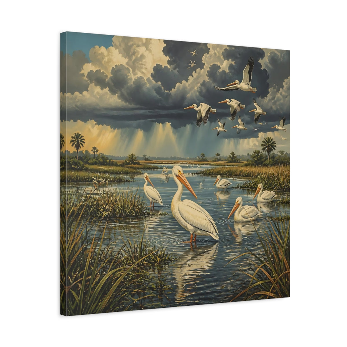 Side Mockup 4. White Pelican Marsh Landscape shown as canvas print