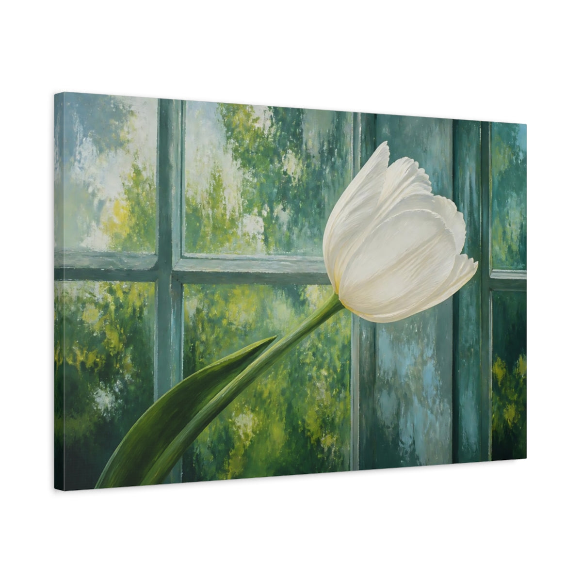 Side Mockup 2. White Tulip Flower Study shown as canvas print