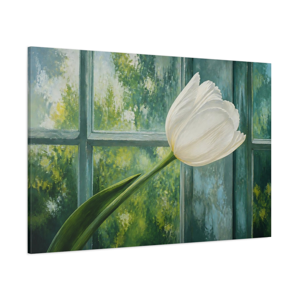 Side Mockup 1. White Tulip Flower Study shown as canvas print