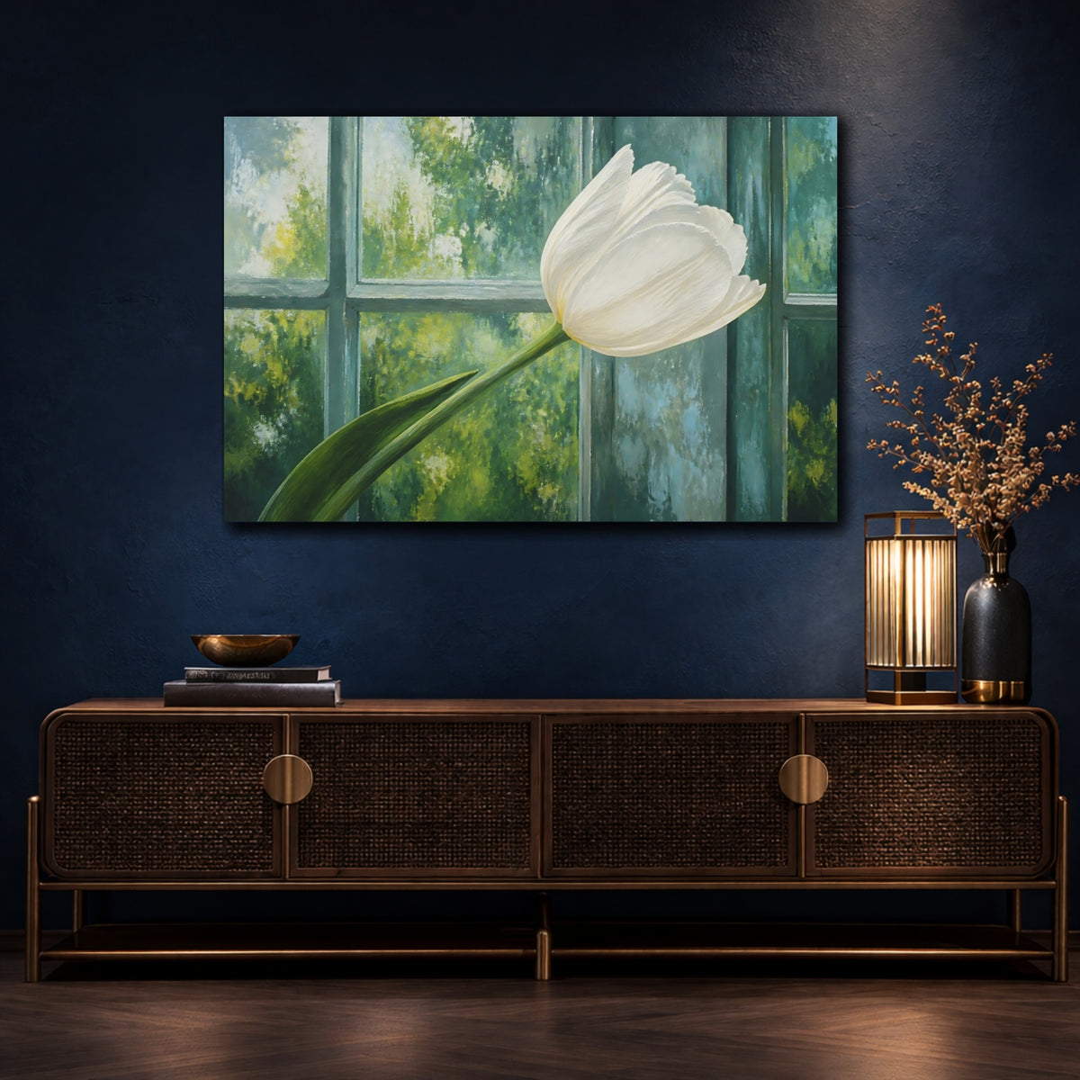 Mockup 4. White Tulip Flower Study shown as canvas print