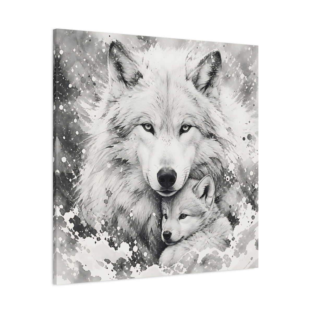 Side Mockup 1. White Wolf Animal Portrait shown as canvas print