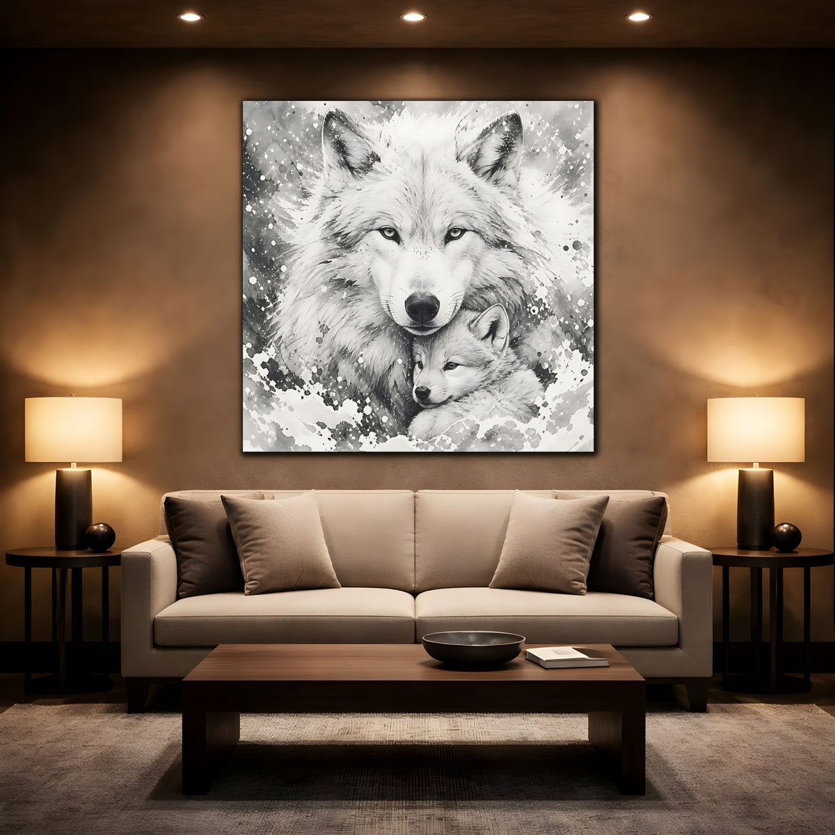 Mockup 2. White Wolf Animal Portrait shown as canvas print