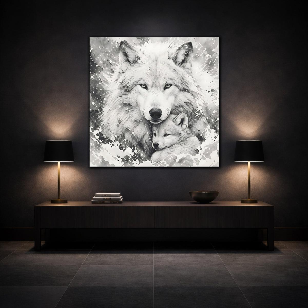 Mockup 3. White Wolf Animal Portrait shown as canvas print