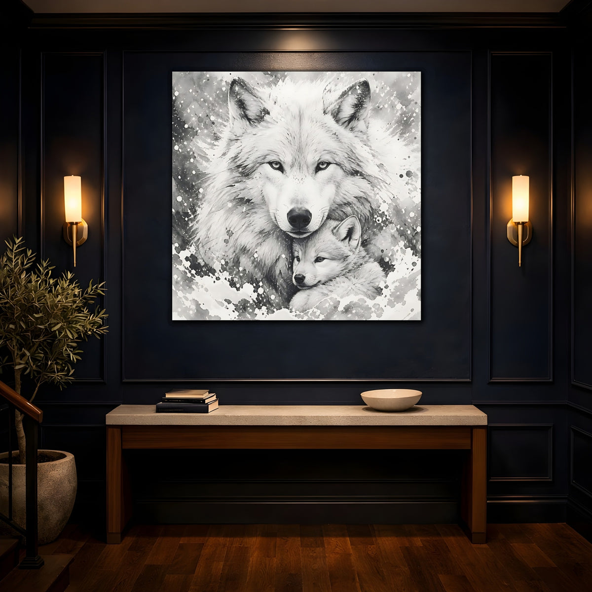 Mockup 4. White Wolf Animal Portrait shown as canvas print