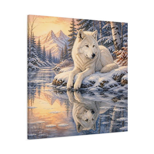 Main Mockup. White Wolf At Sunset shown as canvas print