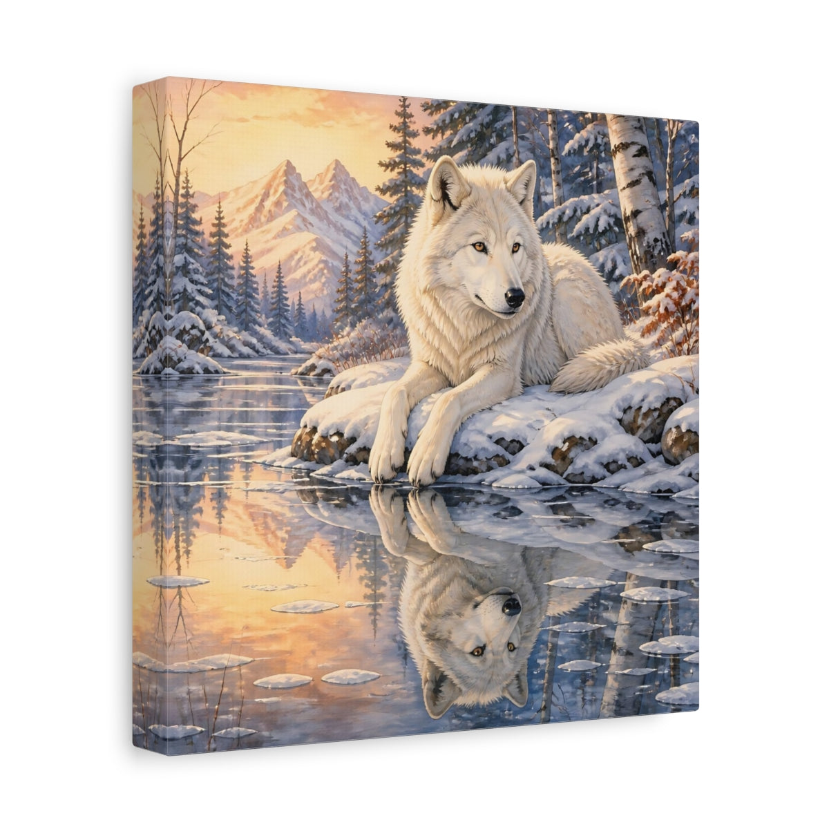 Side Mockup 9. White Wolf At Sunset shown as canvas print