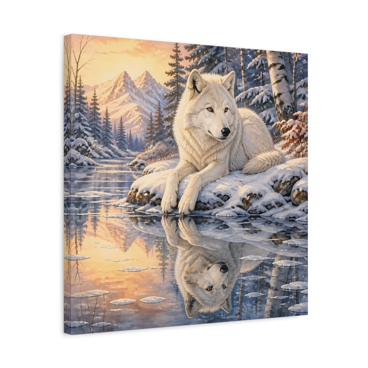 Side Mockup 5. White Wolf At Sunset shown as canvas print