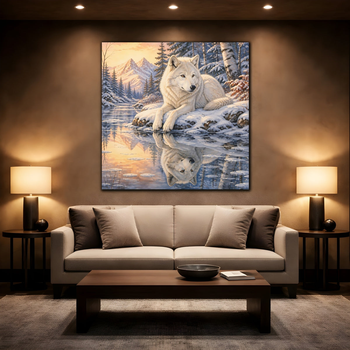 Mockup 2. White Wolf At Sunset shown as canvas print
