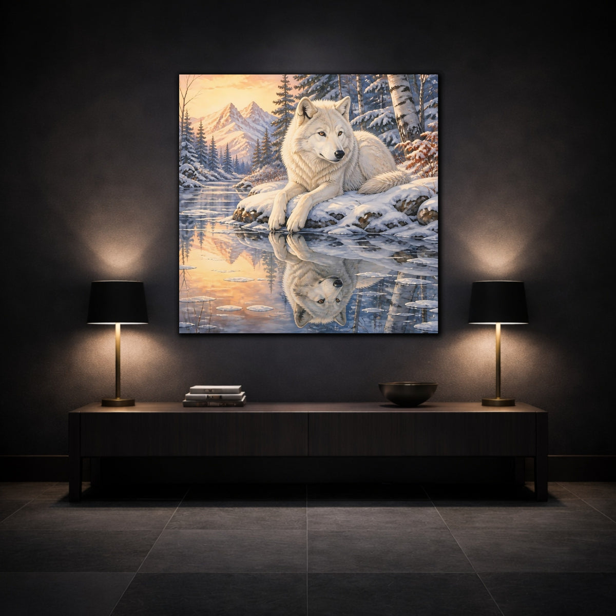 Mockup 3. White Wolf At Sunset shown as canvas print