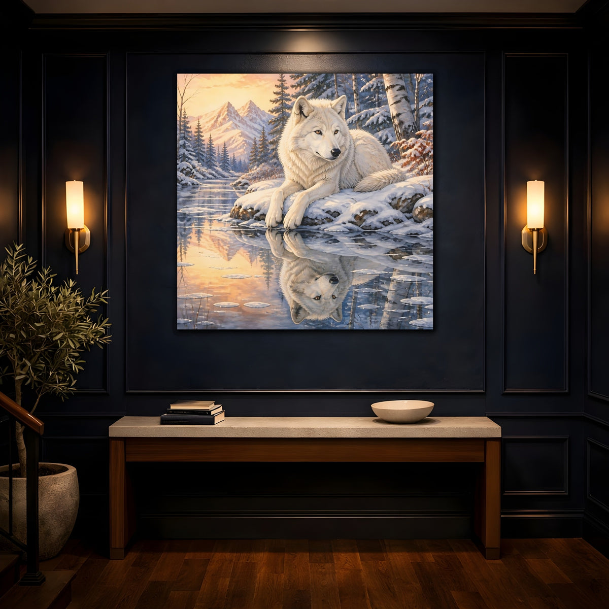 Mockup 4. White Wolf At Sunset shown as canvas print