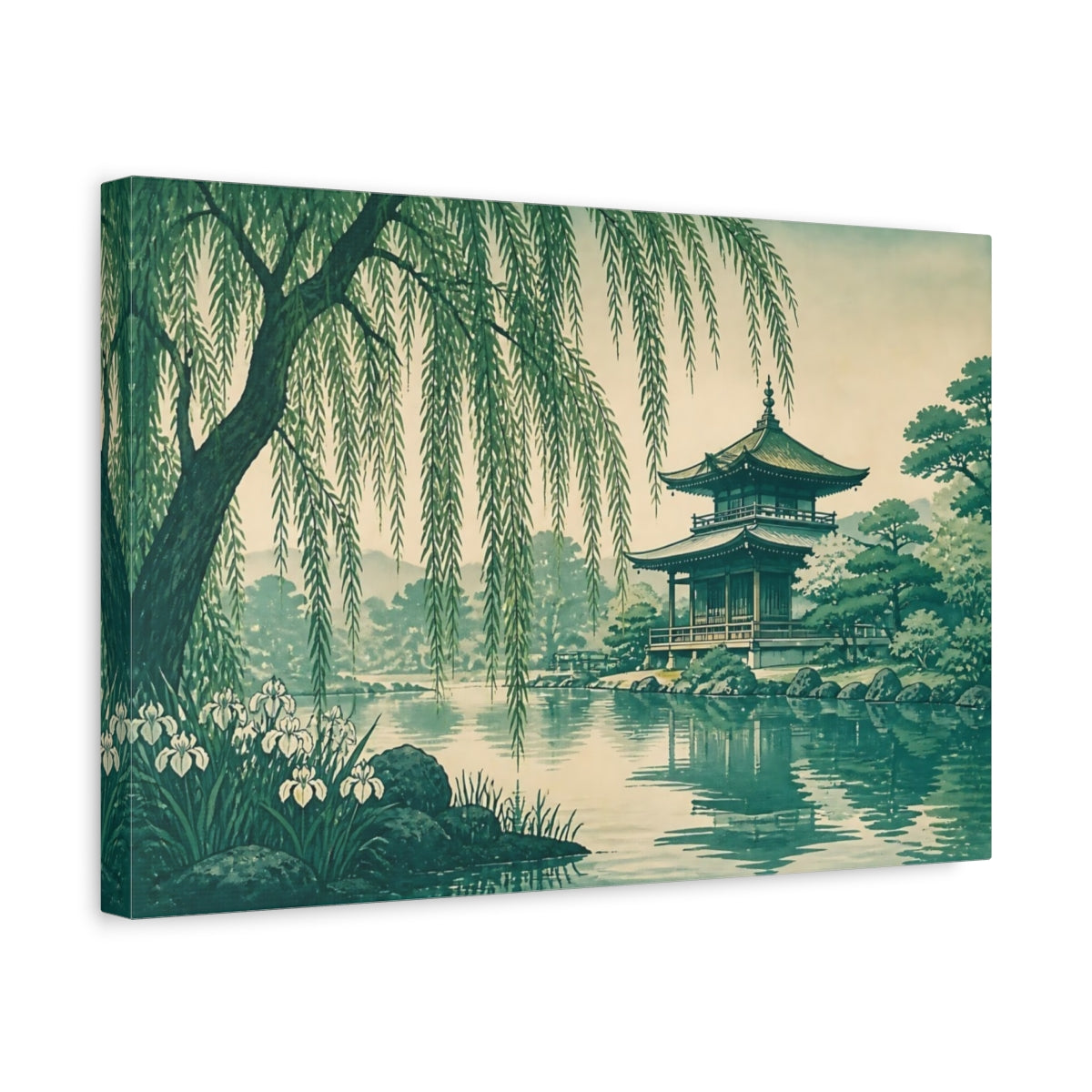 Side Mockup 4. Willow Pavilion At Pond shown as canvas print
