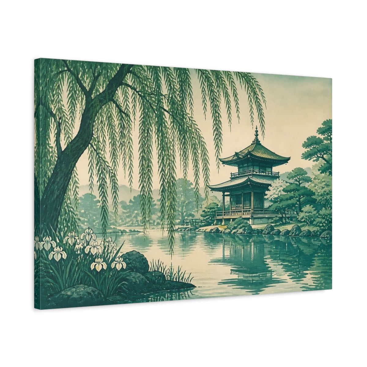 Side Mockup 2. Willow Pavilion At Pond shown as canvas print