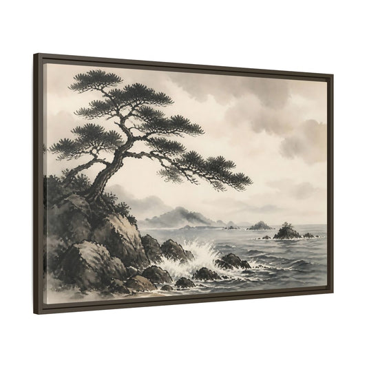 Main Mockup. Windblown Pine By Sea shown as framed canvas print