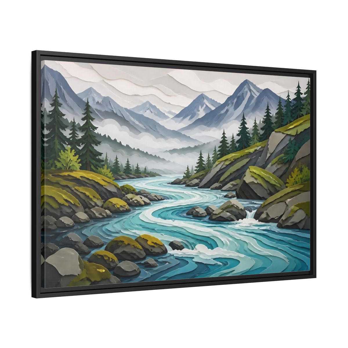 Side Mockup 13. Winding Mountain River shown as framed canvas print