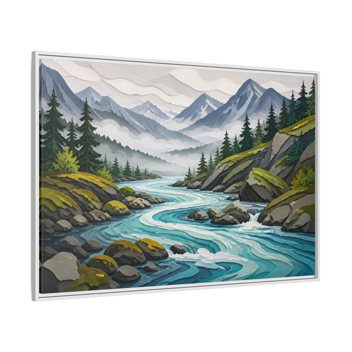 Side Mockup 7. Winding Mountain River shown as framed canvas print