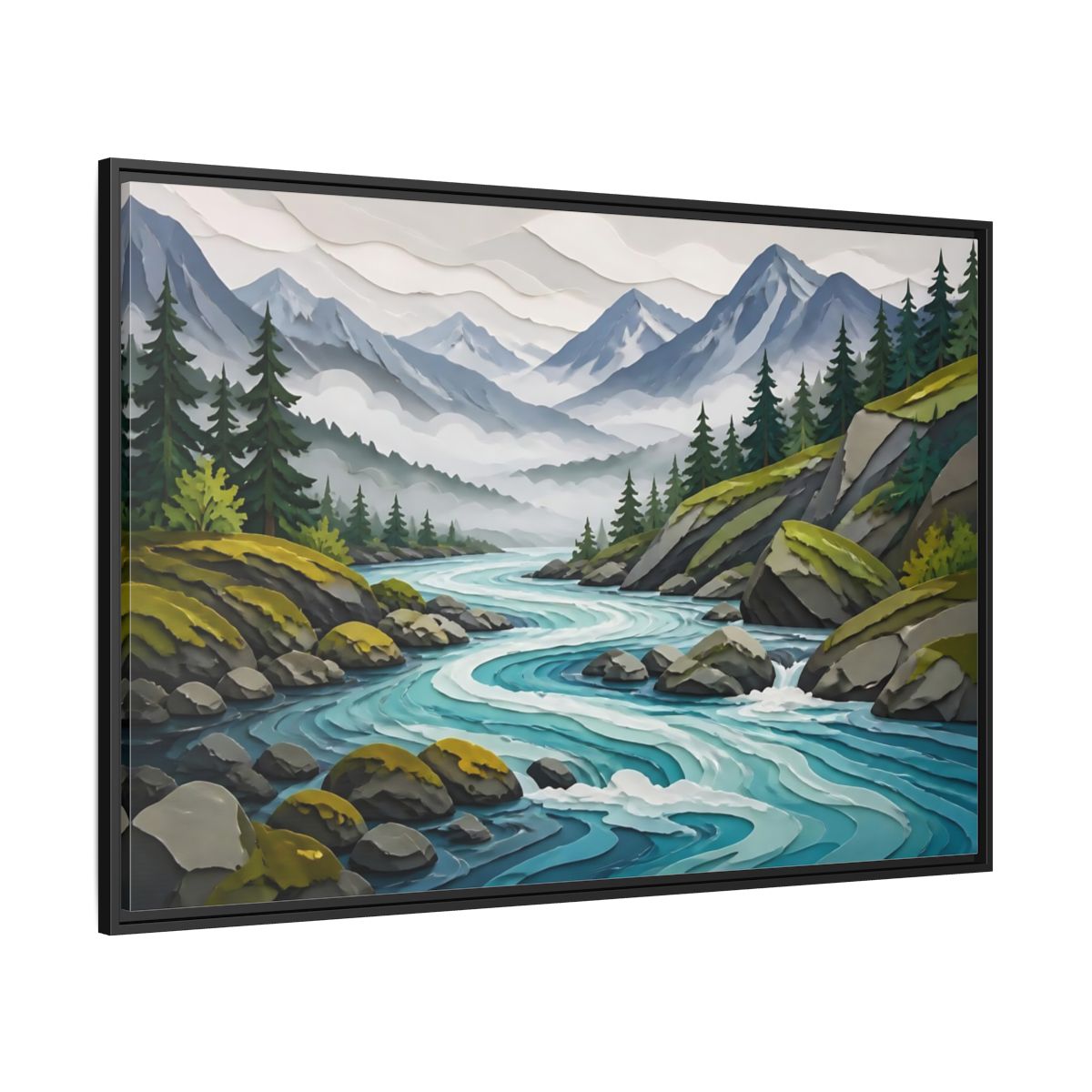Side Mockup 12. Winding Mountain River shown as framed canvas print