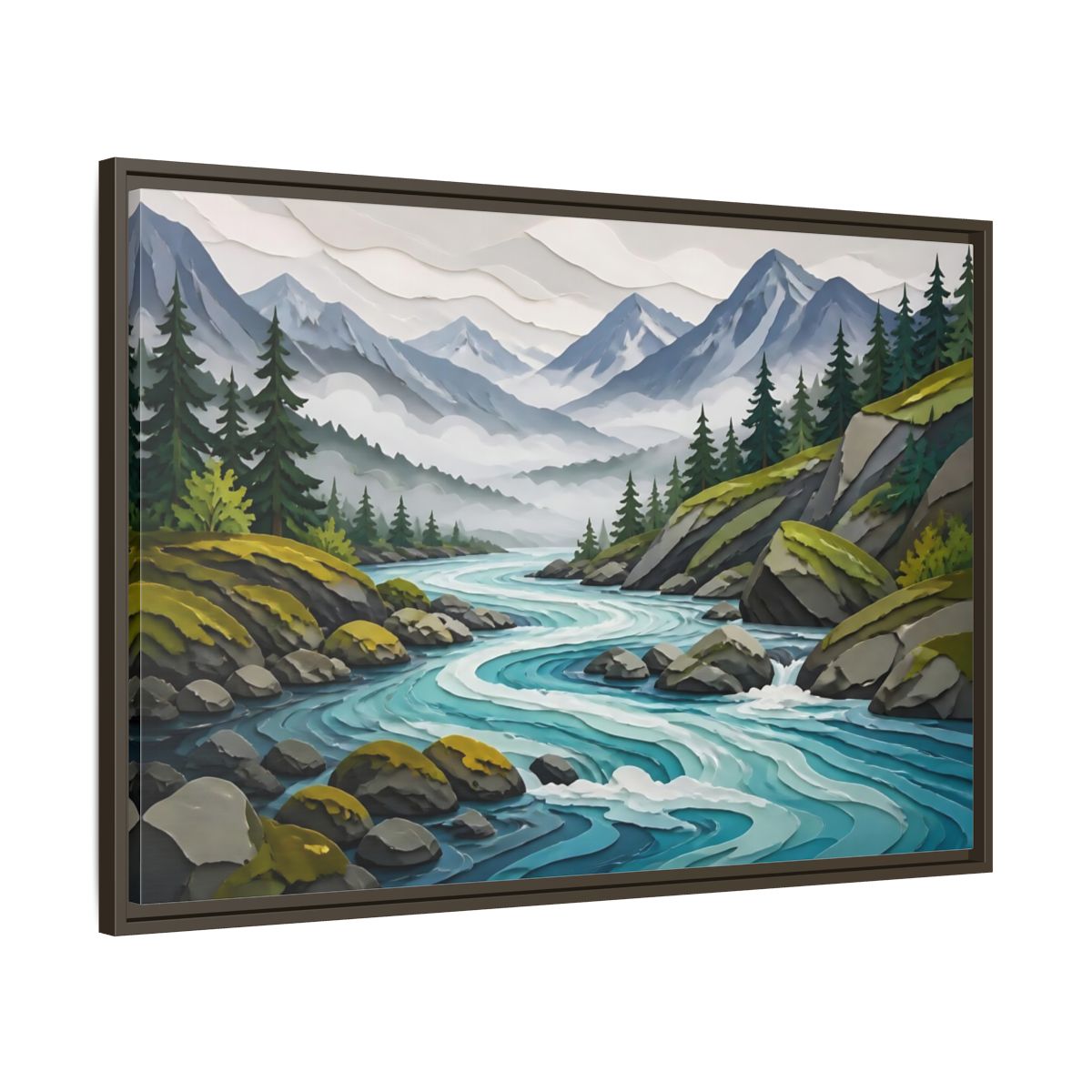 Main Mockup. Winding Mountain River shown as framed canvas print