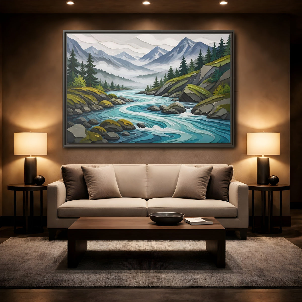 Mockup 2. Winding Mountain River shown as framed canvas print