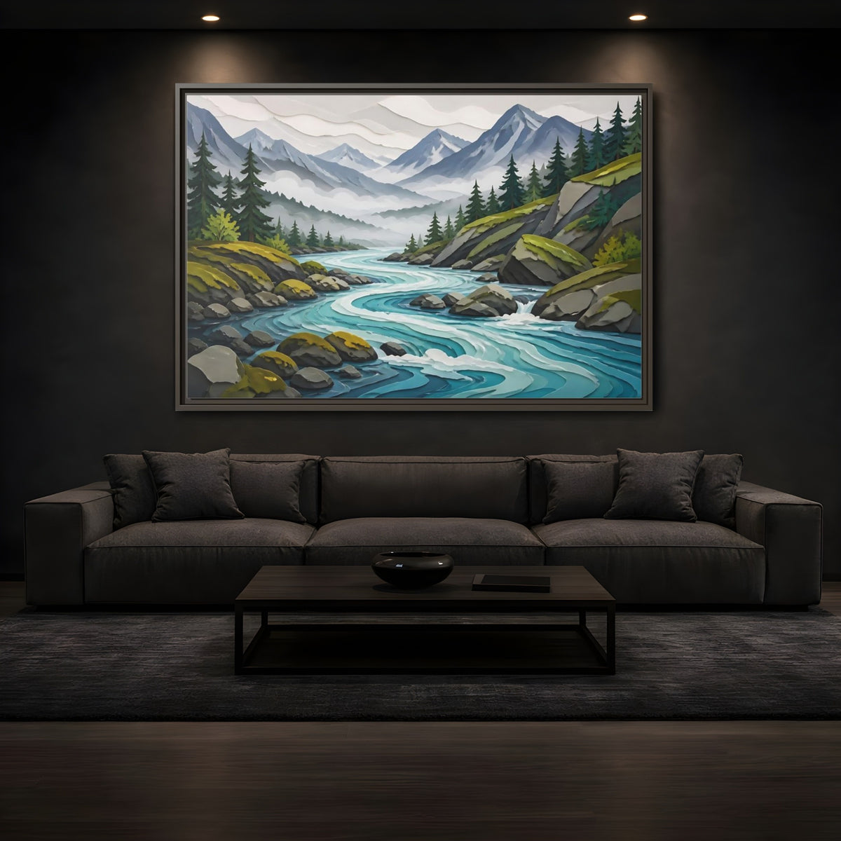 Mockup 3. Winding Mountain River shown as framed canvas print