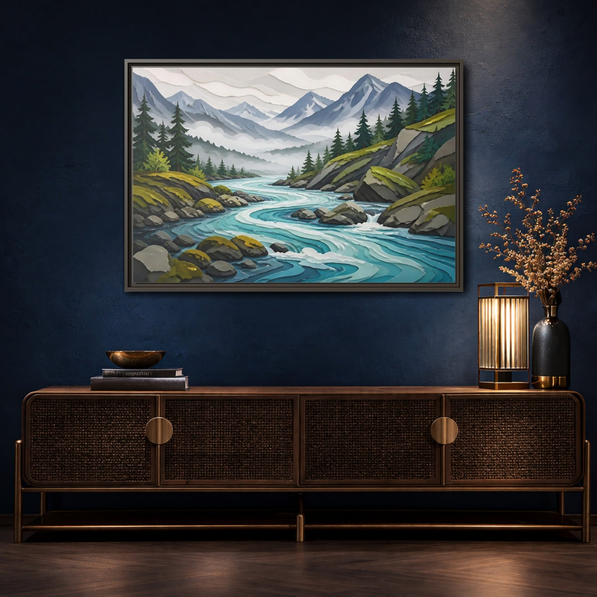 Mockup 4. Winding Mountain River shown as framed canvas print