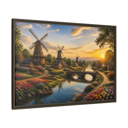 Main Mockup. Windmill Landscape At Sunset shown as framed canvas print