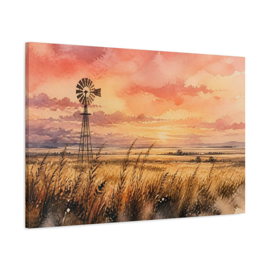 Main Mockup. Windmill Sunset Landscape shown as canvas print