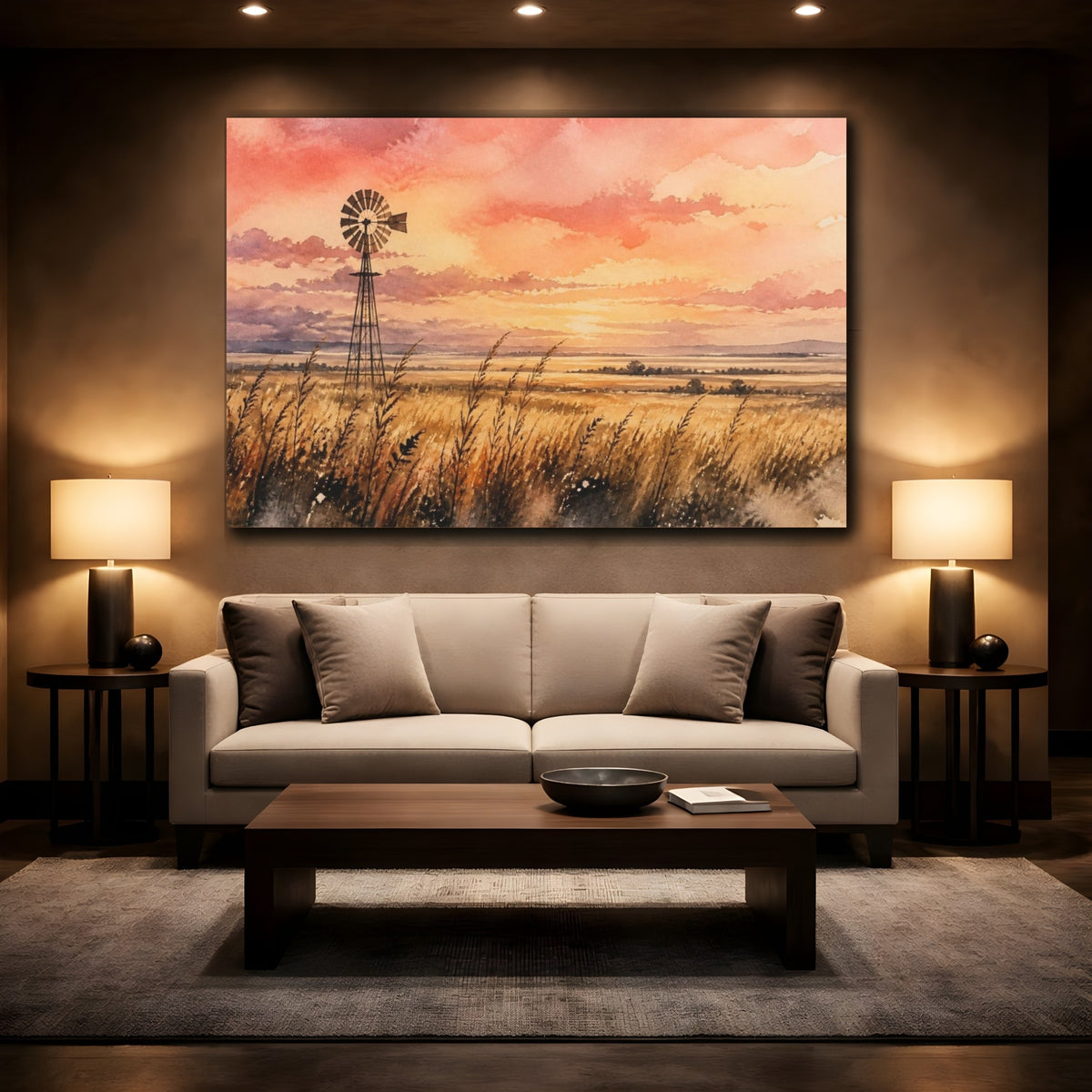 Mockup 2. Windmill Sunset Landscape shown as canvas print