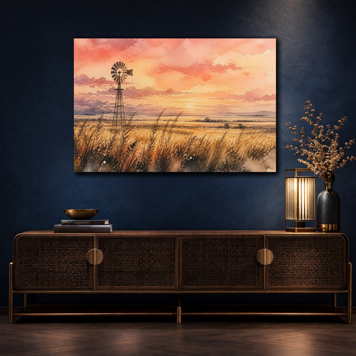 Mockup 4. Windmill Sunset Landscape shown as canvas print