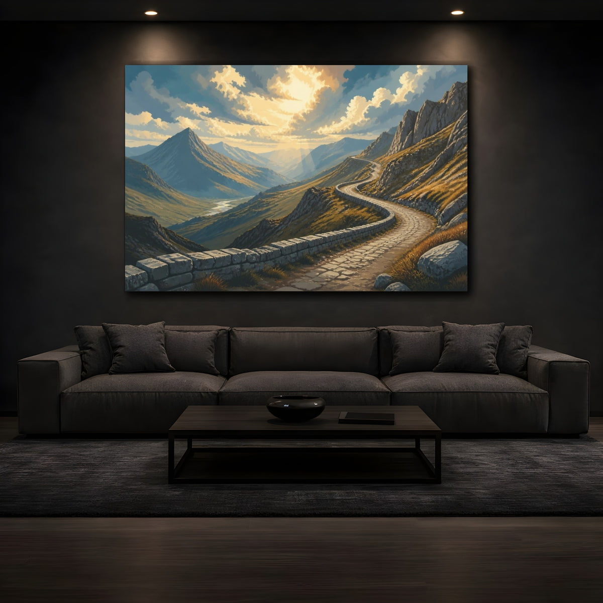 Mockup 3. Windswept Mountain Road Landscape shown as canvas print
