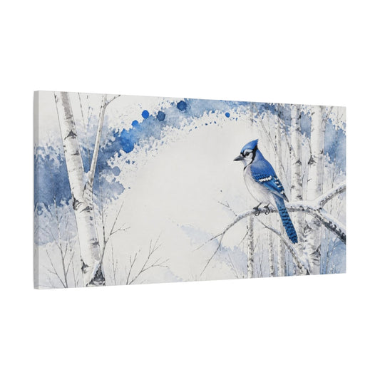 Main Mockup. Winter Blue Jay On Birch shown as canvas print