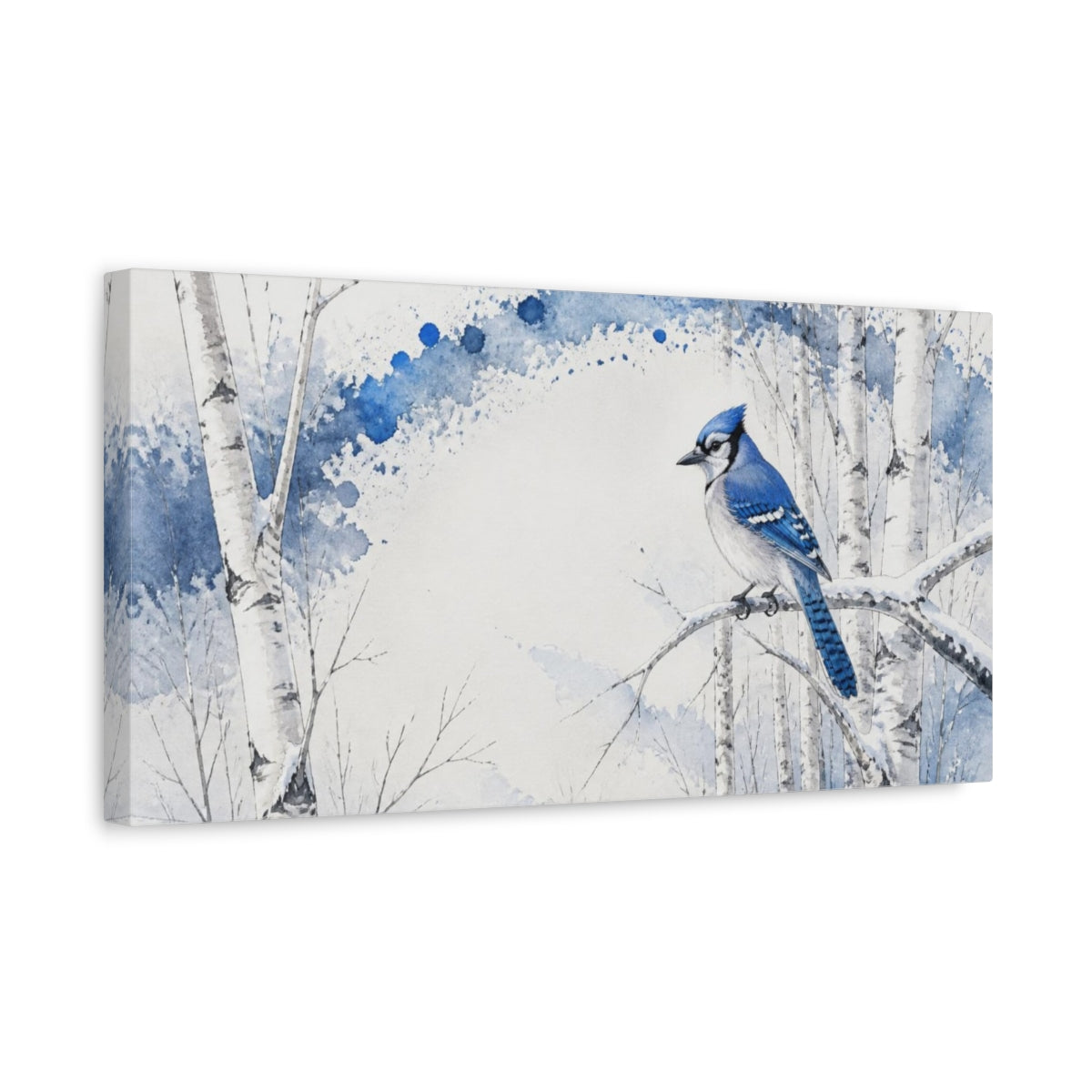 Side Mockup 3. Winter Blue Jay On Birch shown as canvas print