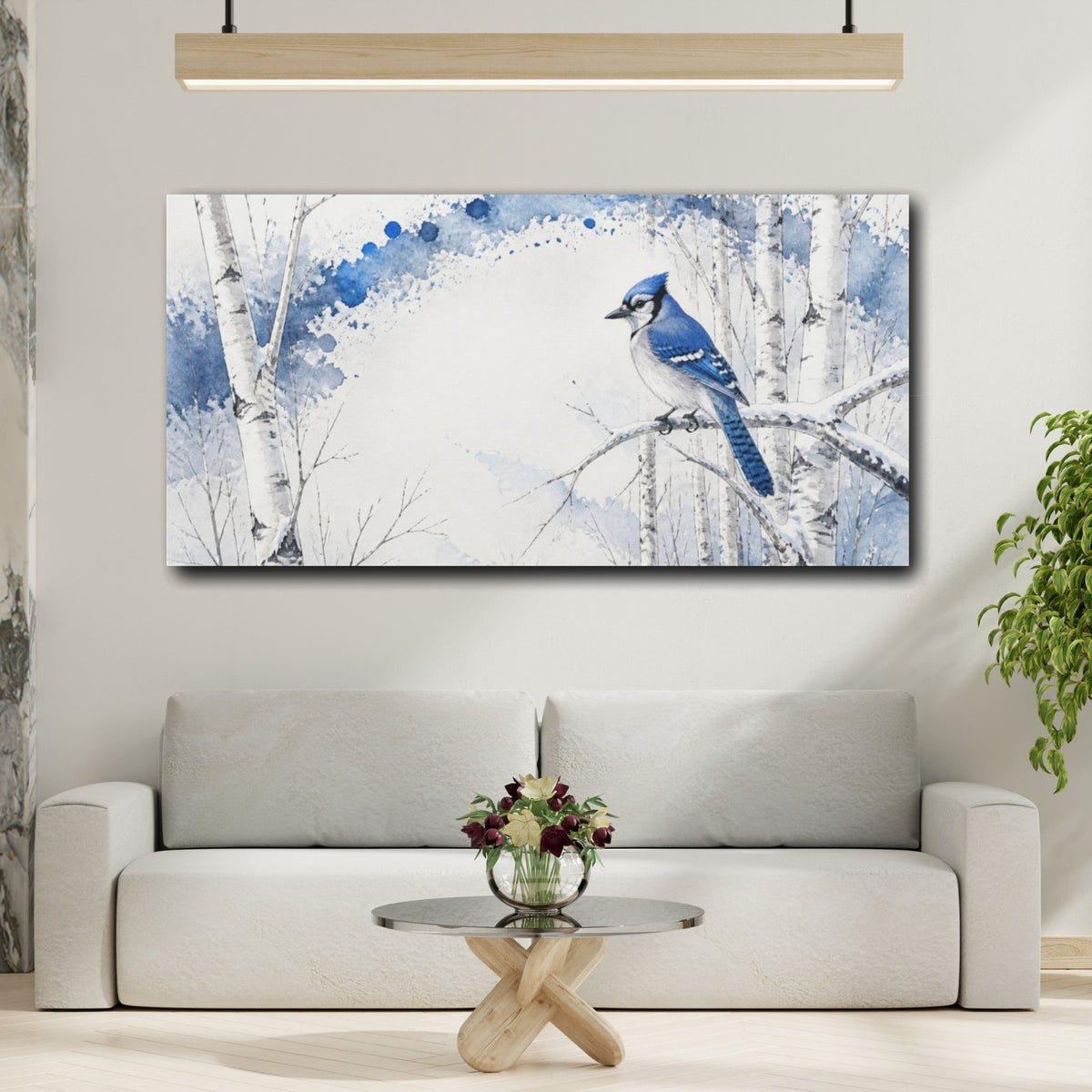 Mockup 2. Winter Blue Jay On Birch shown as canvas print