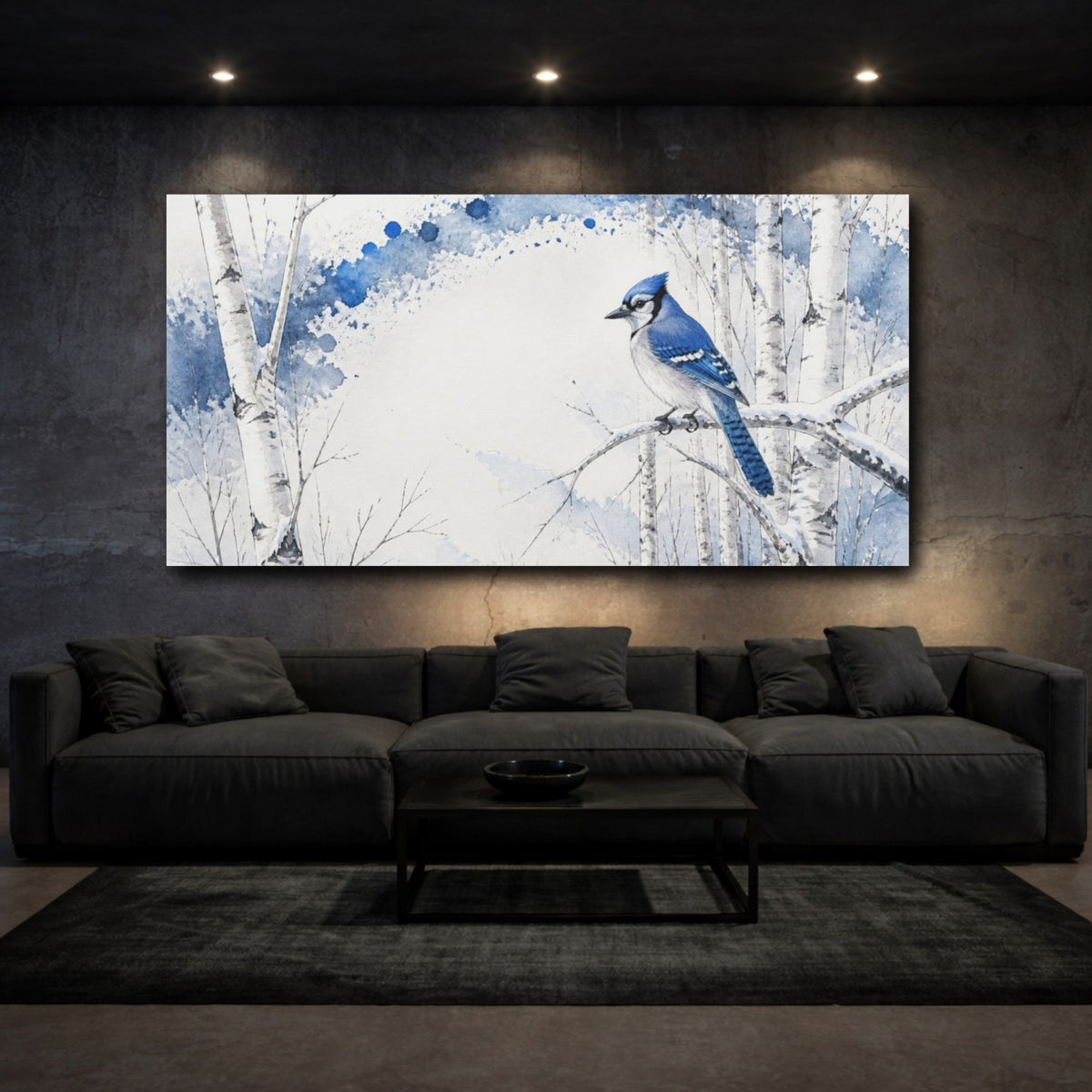 Mockup 3. Winter Blue Jay On Birch shown as canvas print