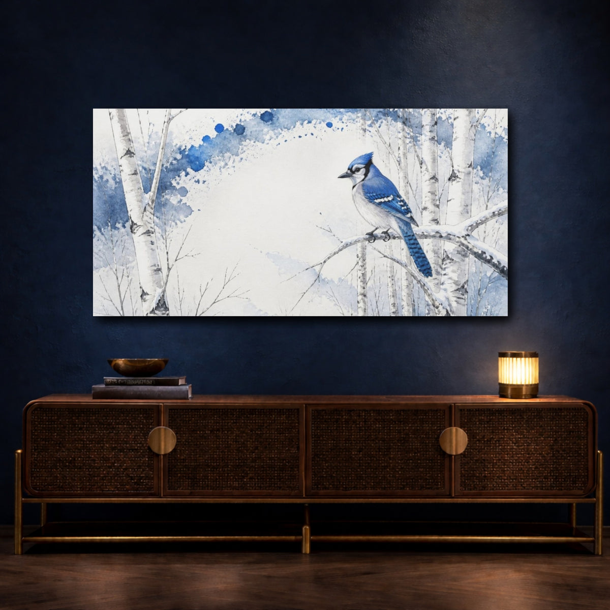 Mockup 4. Winter Blue Jay On Birch shown as canvas print