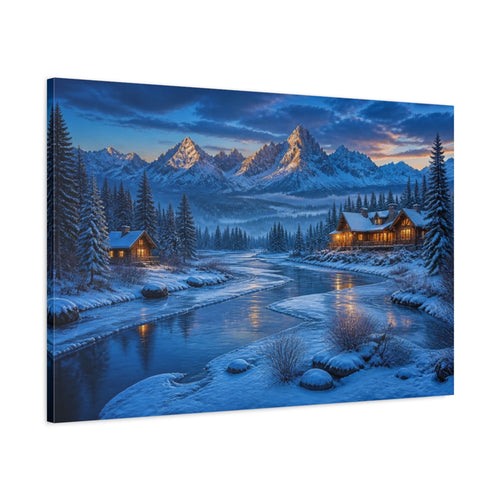 Main Mockup. Winter Landscape Cabin shown as canvas print