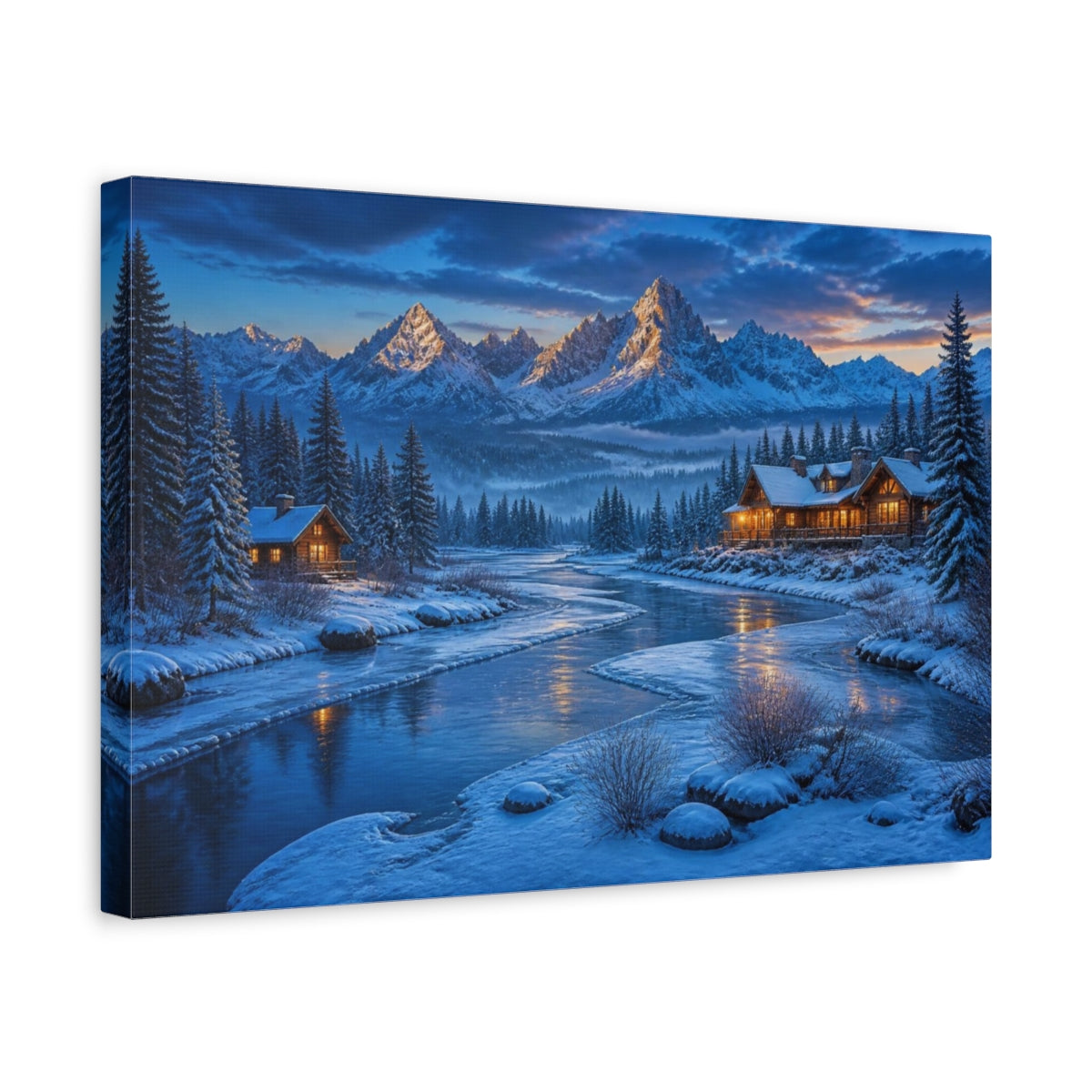 Side Mockup 4. Winter Landscape Cabin shown as canvas print