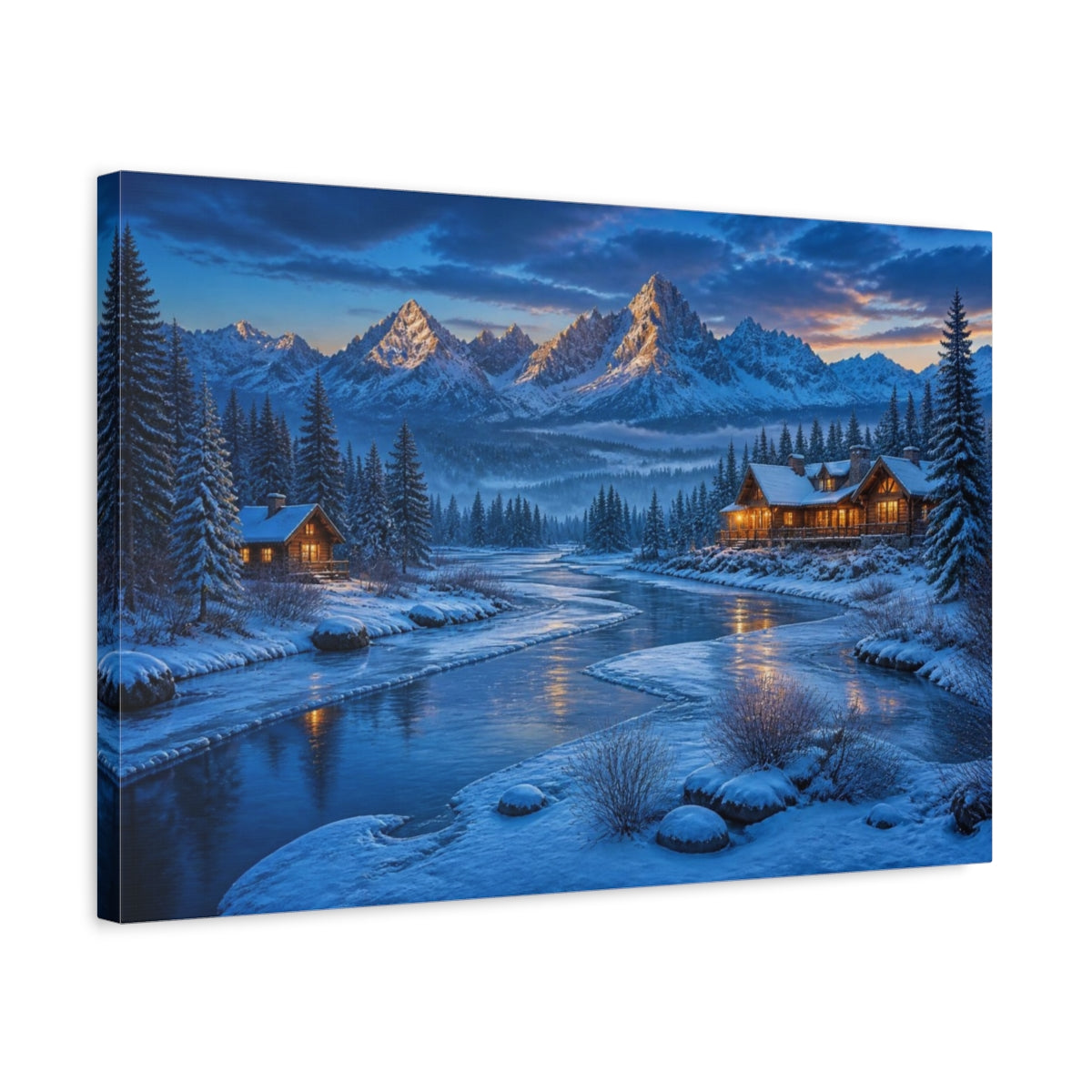 Side Mockup 3. Winter Landscape Cabin shown as canvas print