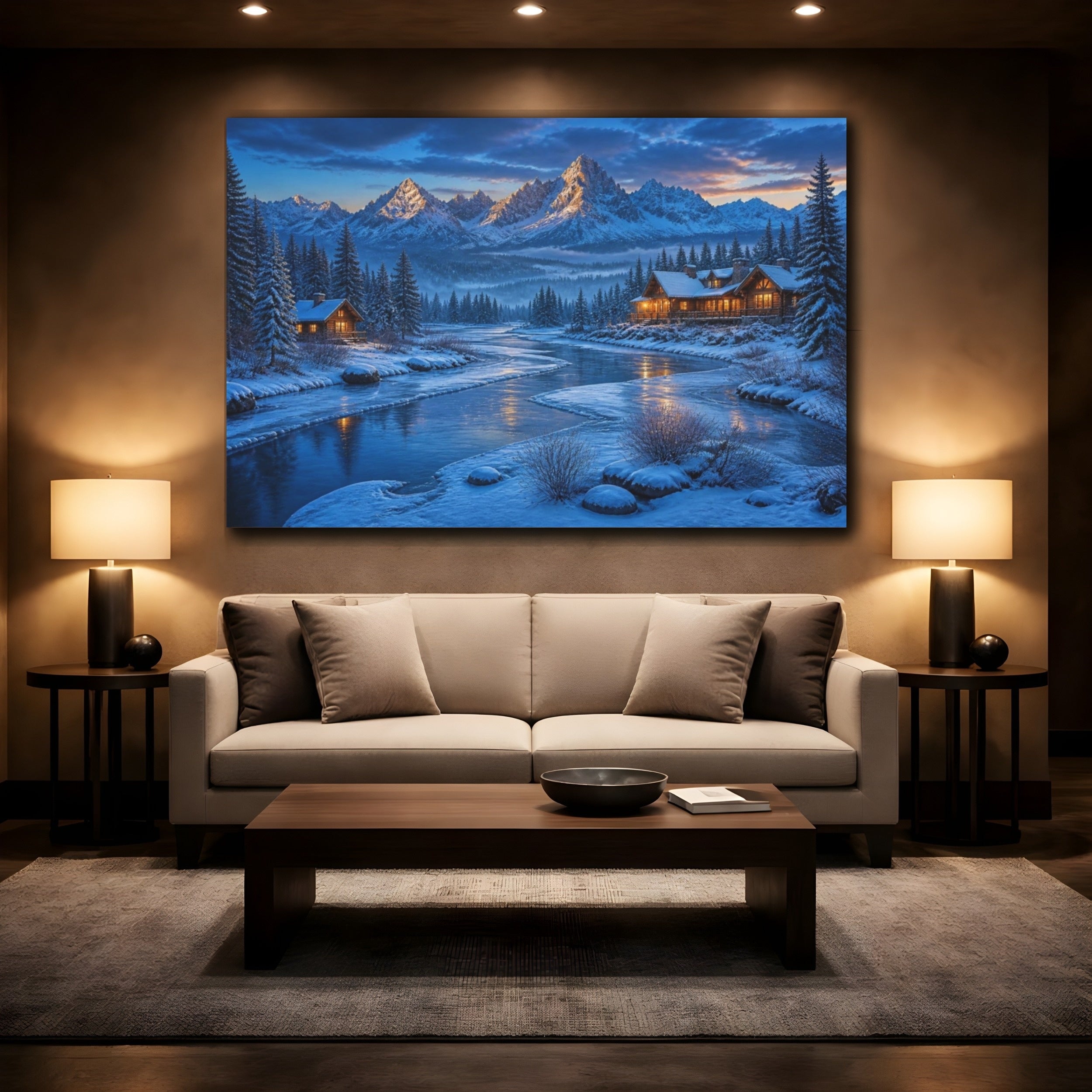 Mockup 2. Winter Landscape Cabin shown as canvas print