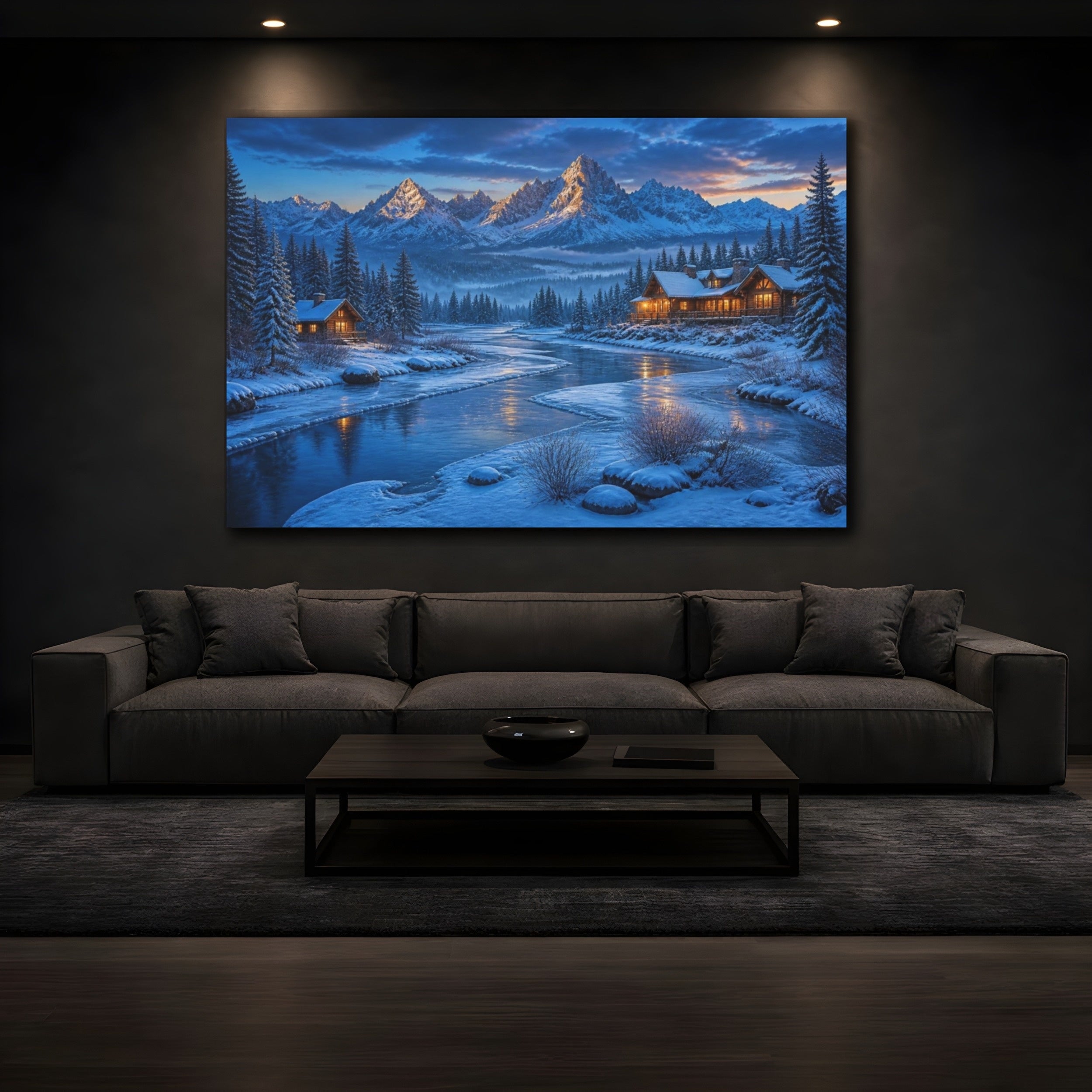 Mockup 3. Winter Landscape Cabin shown as canvas print